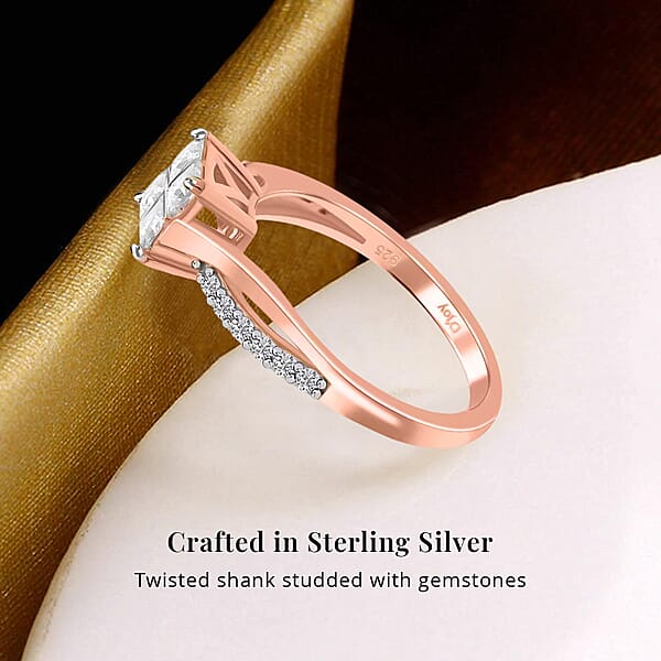 Moissanite 0.85 Ctw Ring In Rhodium And Vermeil Rose Gold Over Sterling Silver