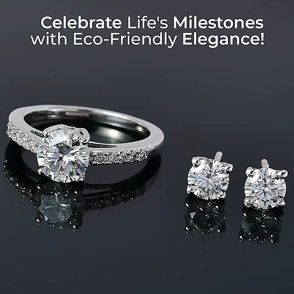 Moissanite 2.00 Ctw Jewelry Set Of Stud Earrings And Ring Platinum Over Sterling Silver Jewelry Set Moissanite Ring Moissanite Stud Earrings