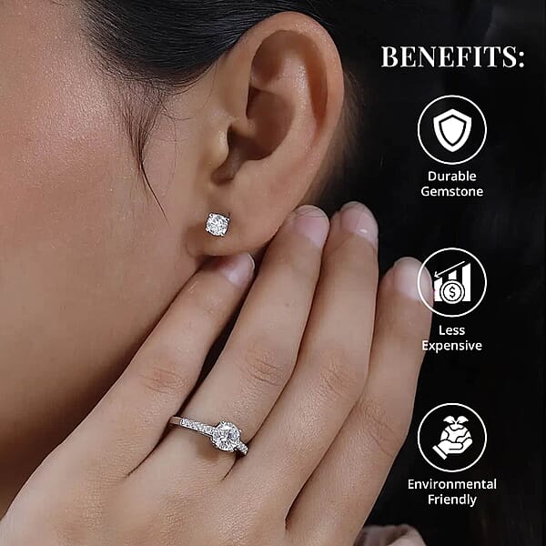 Moissanite 2.00 Ctw Jewelry Set Of Stud Earrings And Ring Platinum Over Sterling Silver Jewelry Set Moissanite Ring Moissanite Stud Earrings