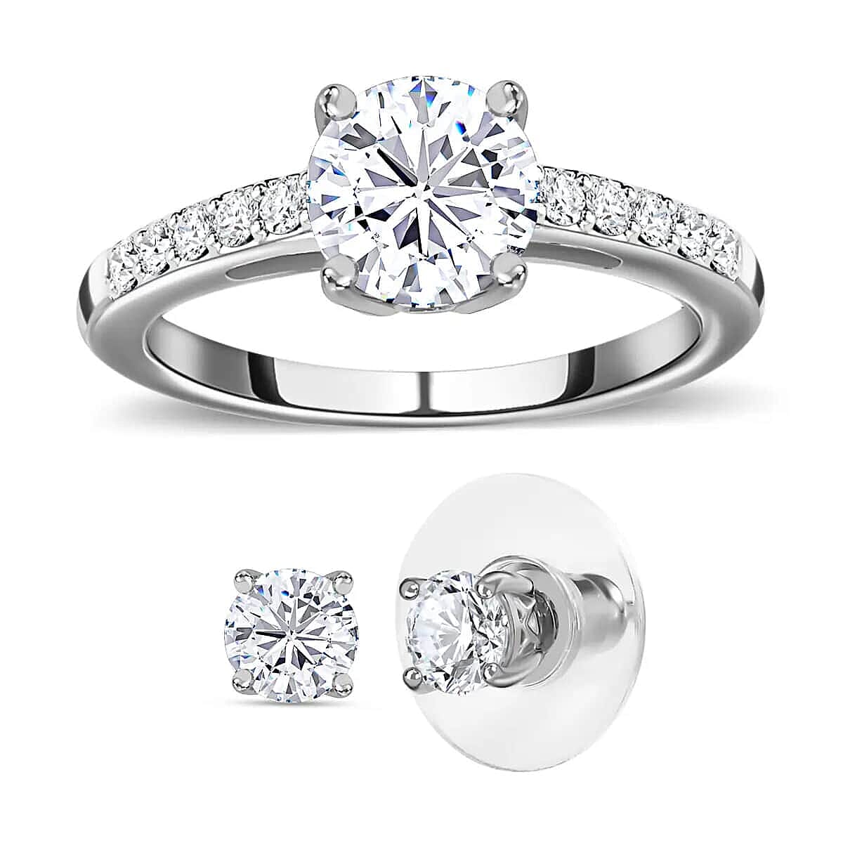 Moissanite 2.00 ctw Jewelry Set of Stud Earrings and Ring Platinum Over Sterling Silver Jewelry Set Moissanite Ring Moissanite Stud Earrings
