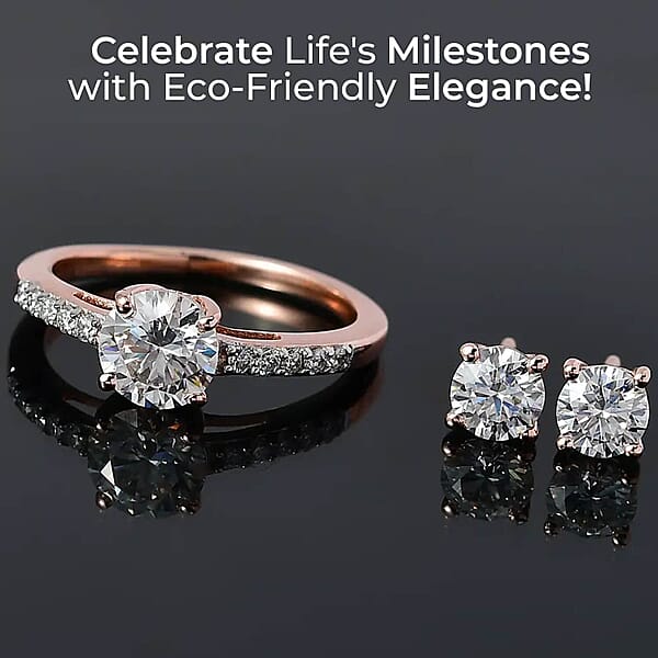 Moissanite 2.00 Ctw Stud Earrings And Ring In Vermeil Rose Gold Over Sterling Silver