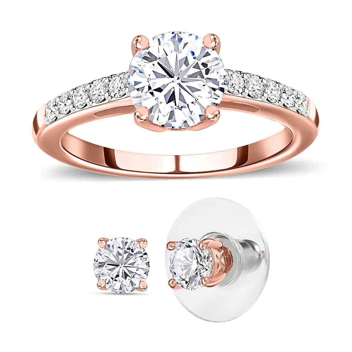 Moissanite 2.00 ctw Stud Earrings and Ring in Vermeil Rose Gold Over Sterling Silver