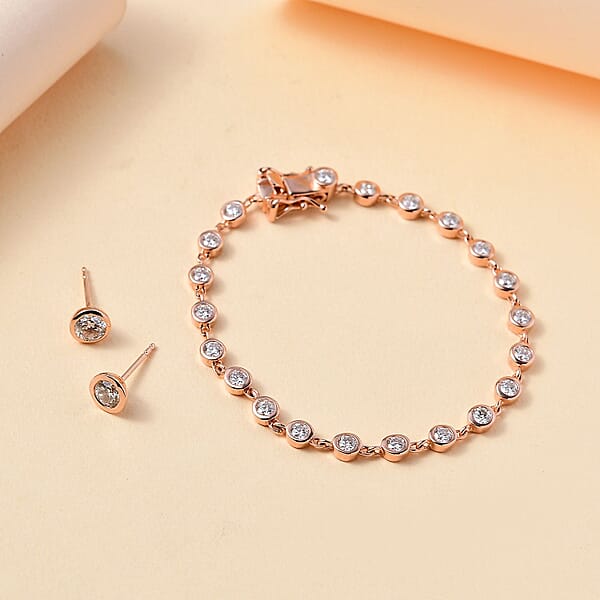 Moissanite 3.35 Ctw Link Bracelet (7.25In) And Stud Earrings In 18K Vermeil Rose Gold Over Sterling Silver