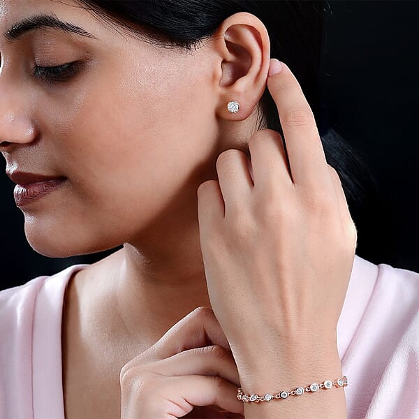 Moissanite 3.35 Ctw Link Bracelet (7.25In) And Stud Earrings In 18K Vermeil Rose Gold Over Sterling Silver