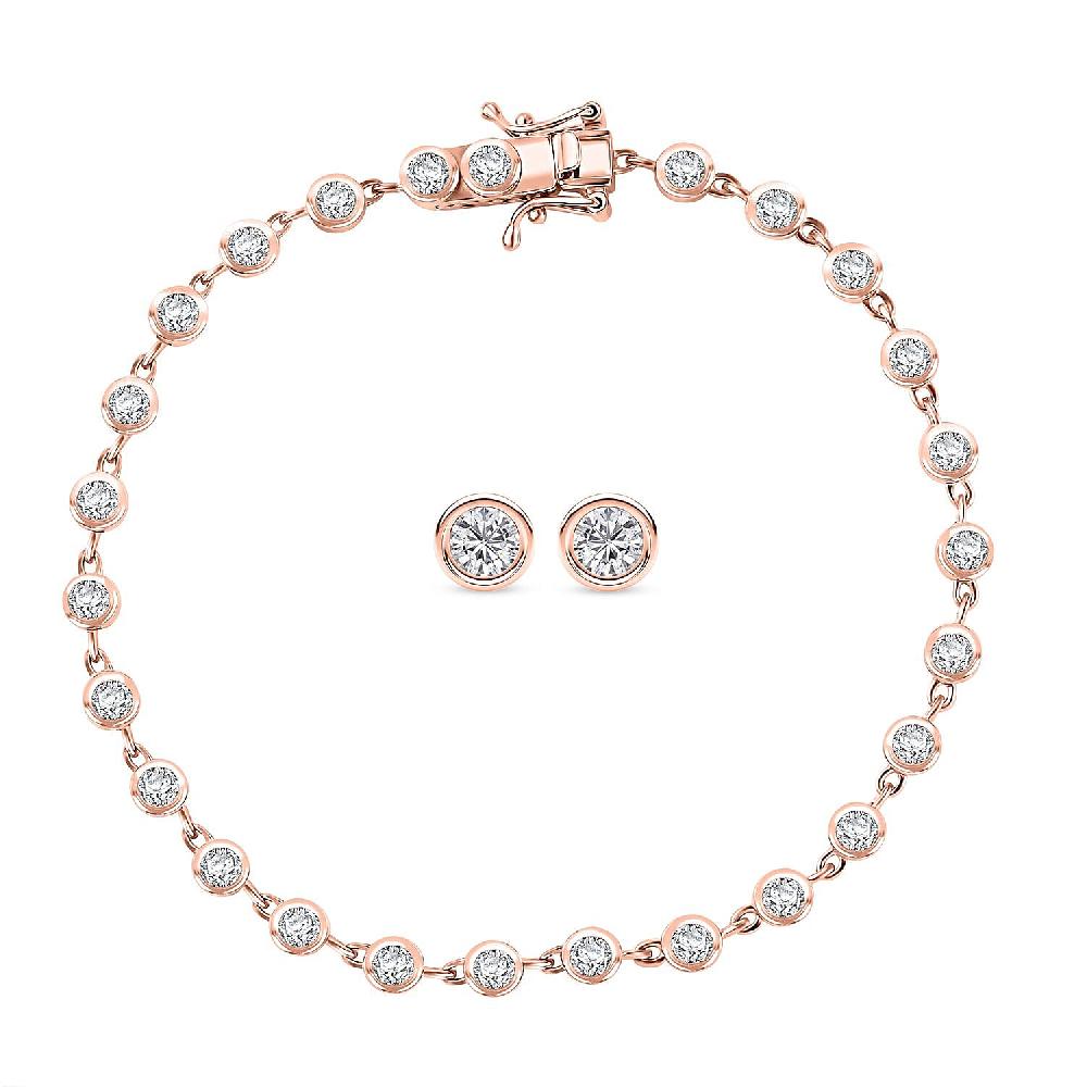 Moissanite 3.35 ctw Link Bracelet (7.25In) and Stud Earrings in 18K Vermeil Rose Gold Over Sterling Silver