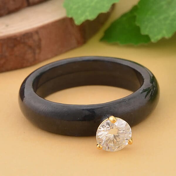 Moissanite And Black Jade (D) 10.30 Ctw Band Ring In Vermeil YG Over Sterling Silver