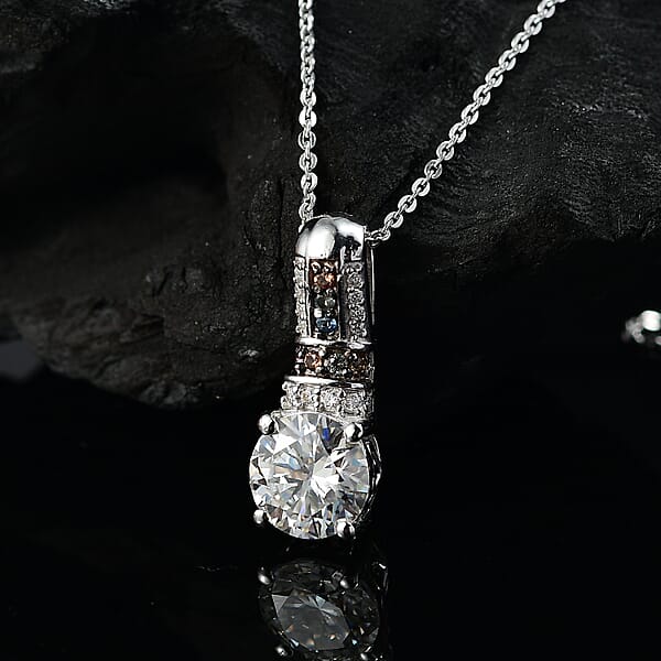 Moissanite And Multi Sapphire 1.80 Ctw Pendant Necklace In Rhodium Over Sterling Silver 20 Inches