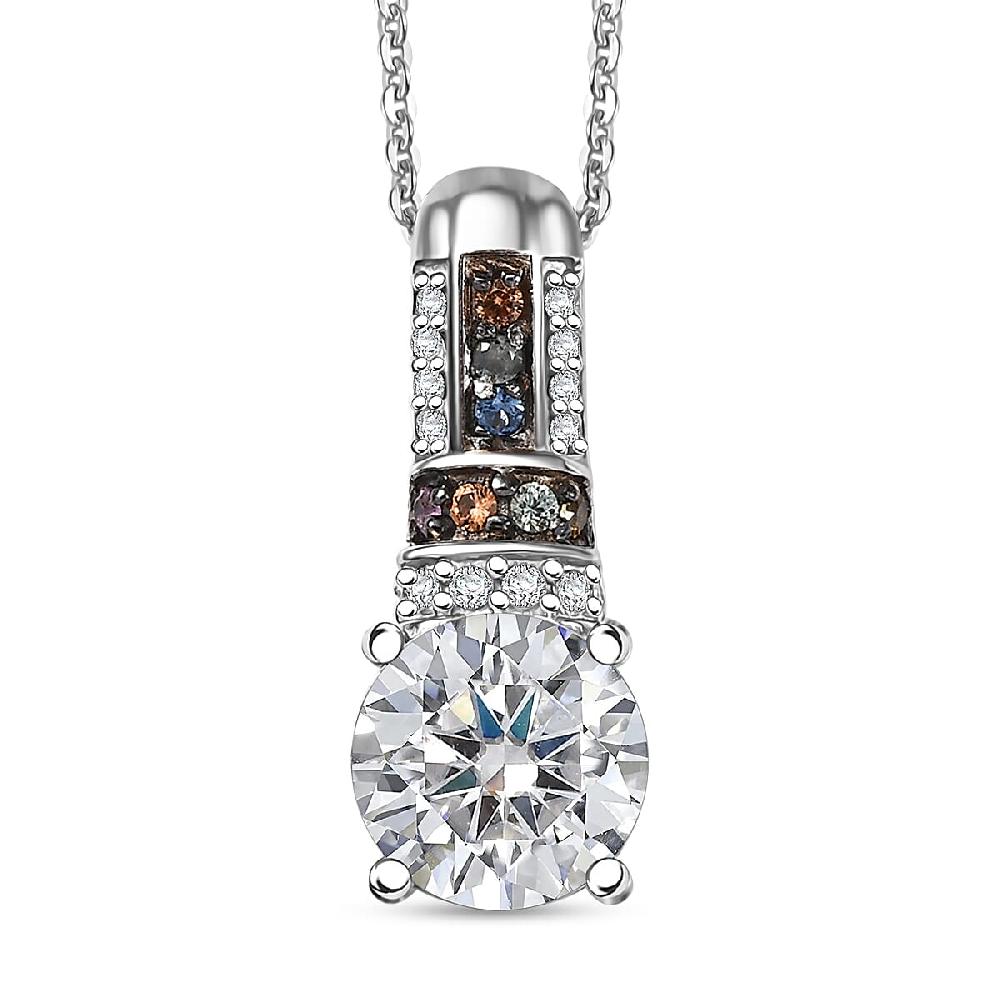 Moissanite and Multi Sapphire 1.80 ctw Pendant Necklace in Rhodium Over Sterling Silver 20 Inches