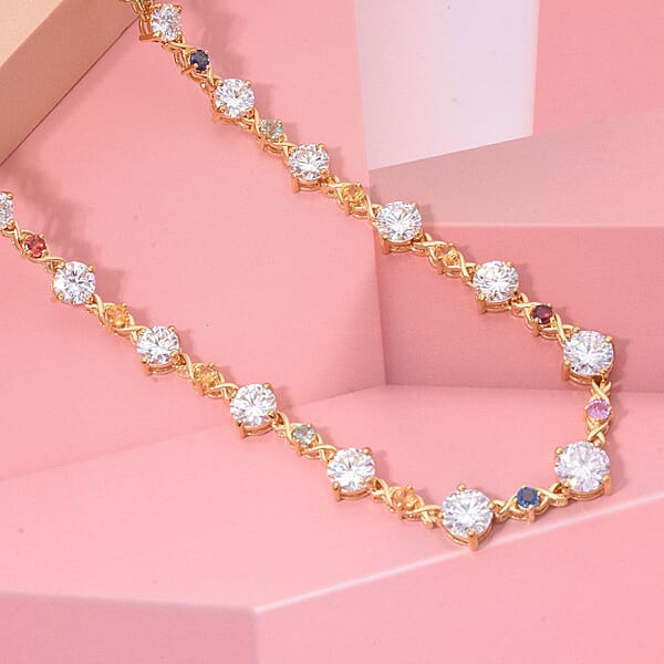 Moissanite And Multi Sapphire 21.30 Ctw Art Deco Necklace In Vermeil Yellow Gold Over Sterling Silver 18 Inches