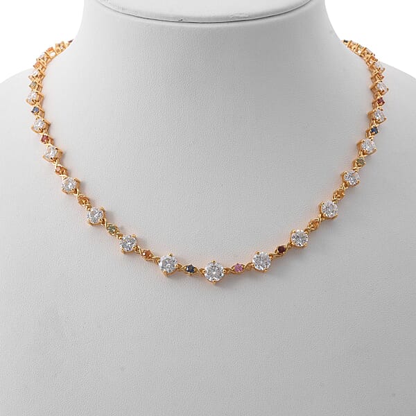 Moissanite And Multi Sapphire 21.30 Ctw Art Deco Necklace In Vermeil Yellow Gold Over Sterling Silver 18 Inches