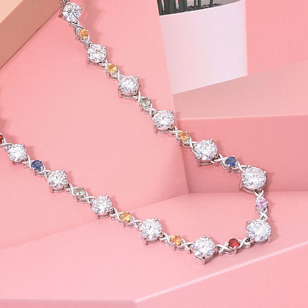 Moissanite And Multi Sapphire 21.30 Ctw Art Deco Necklace In Rhodium Over Sterling Silver 18 Inches