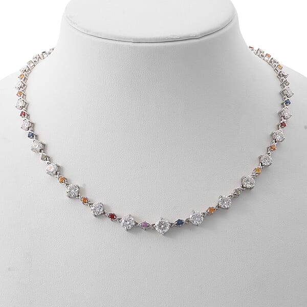 Moissanite And Multi Sapphire 21.30 Ctw Art Deco Necklace In Rhodium Over Sterling Silver 18 Inches