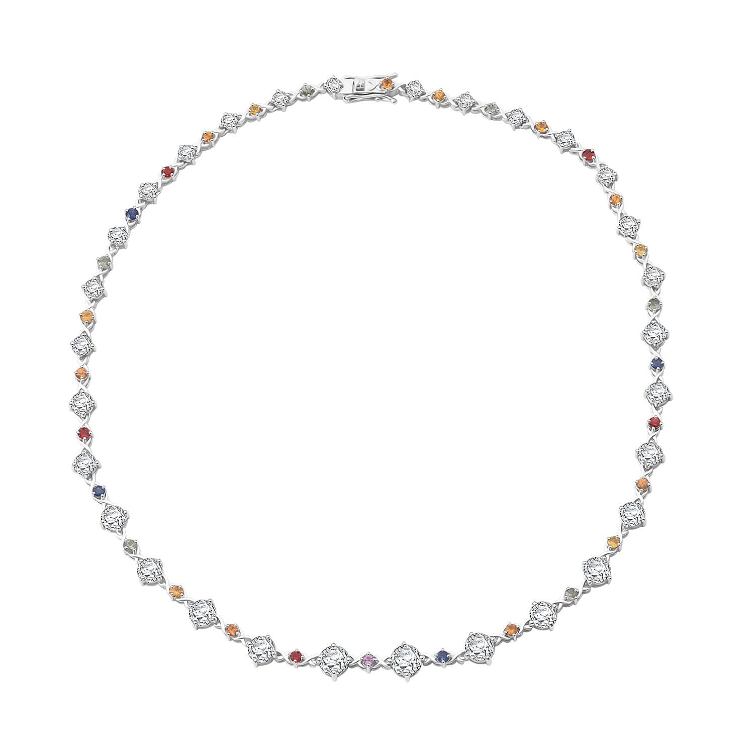 Moissanite and Multi Sapphire 21.30 ctw Art Deco Necklace in Rhodium Over Sterling Silver 18 Inches