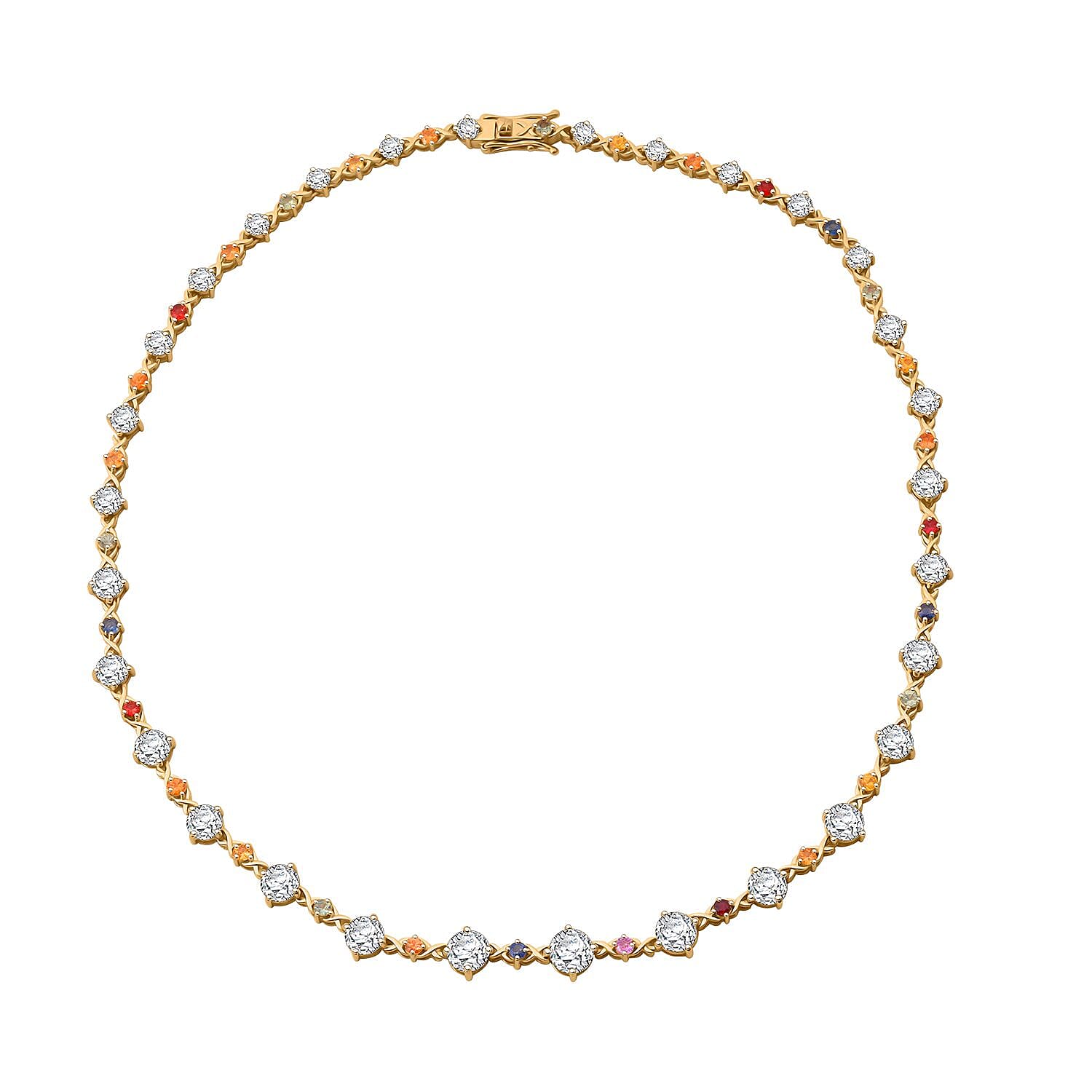 Moissanite and Multi Sapphire 21.30 ctw Art Deco Necklace in Vermeil Yellow Gold Over Sterling Silver 18 Inches