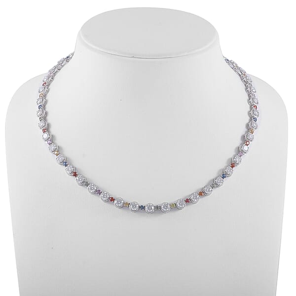 Moissanite And Multi Sapphire 26.20 Ctw Rainbow Radiance Necklace In Rhodium Over Sterling Silver 18 Inches