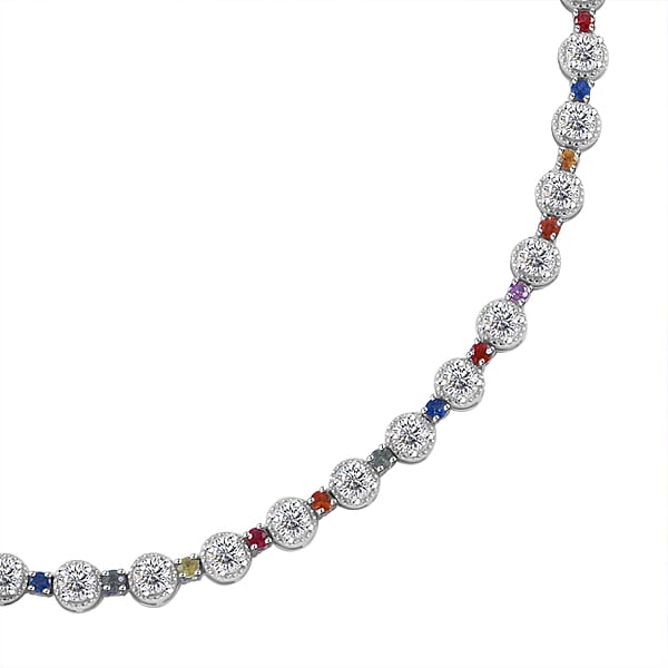 Moissanite And Multi Sapphire 26.20 Ctw Rainbow Radiance Necklace In Rhodium Over Sterling Silver 18 Inches