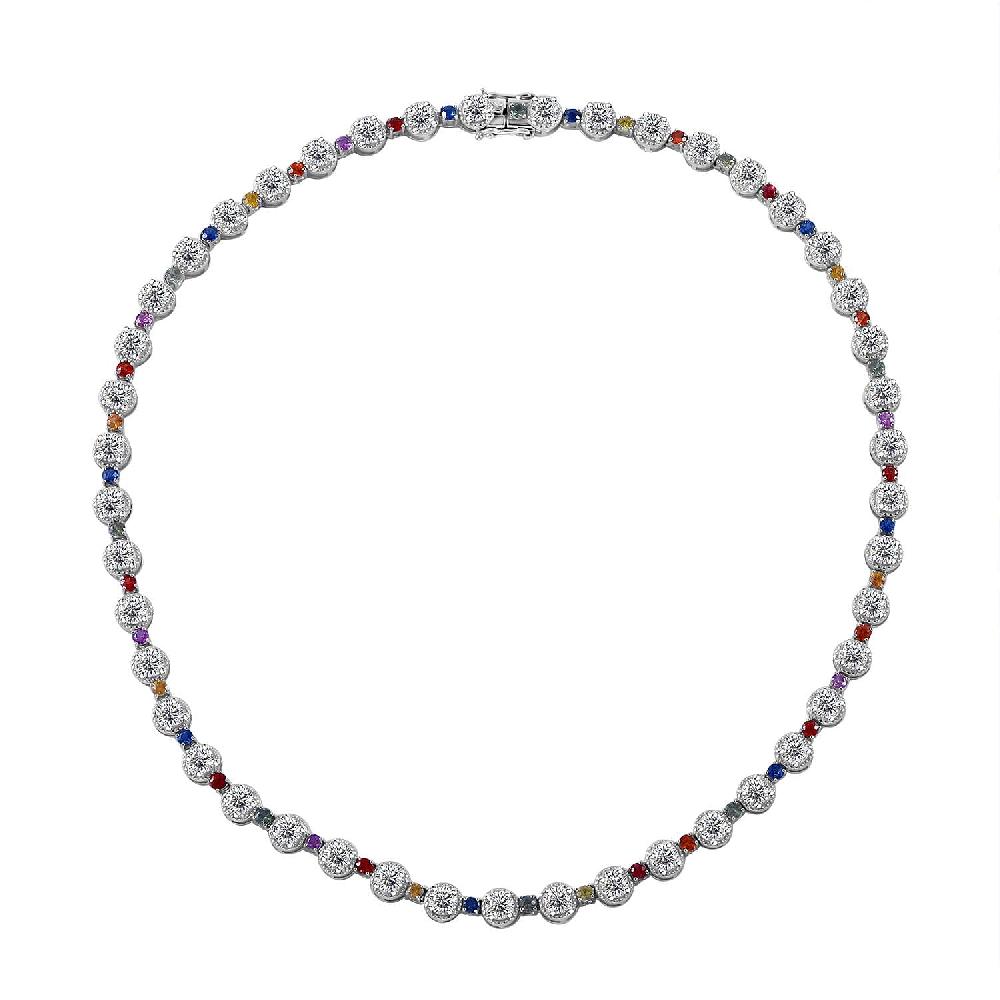 Moissanite and Multi Sapphire 26.20 ctw Rainbow Radiance Necklace in Rhodium Over Sterling Silver 18 Inches