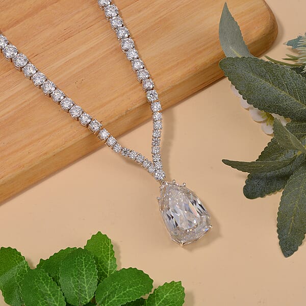 Moissanite Drop Necklace 18 Inches In Rhodium Over Sterling Silver 100.40 Ctw