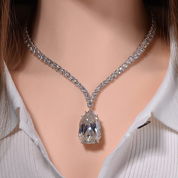 Moissanite Drop Necklace 18 Inches In Rhodium Over Sterling Silver 100.40 Ctw