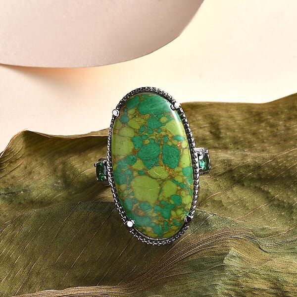 Mojave Green Turquoise And Simulated Green Diamond 16.75 Ctw Ring In Stainless Steel