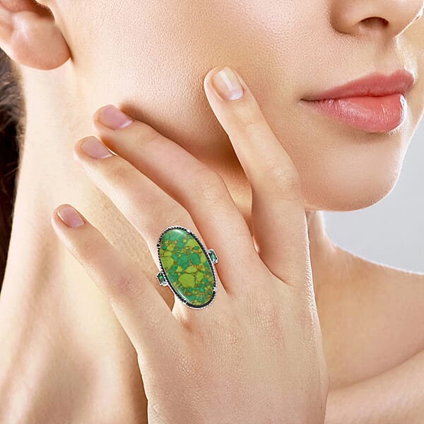 Mojave Green Turquoise And Simulated Green Diamond 16.75 Ctw Ring In Stainless Steel