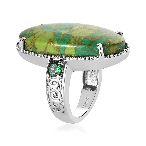Mojave Green Turquoise And Simulated Green Diamond 16.75 Ctw Ring In Stainless Steel