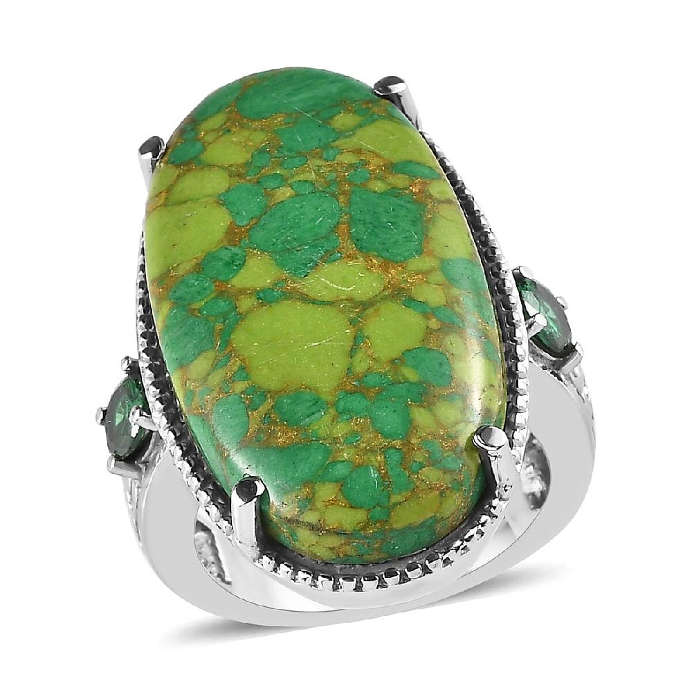Mojave Green Turquoise and Simulated Green Diamond 16.75 ctw Ring in Stainless Steel