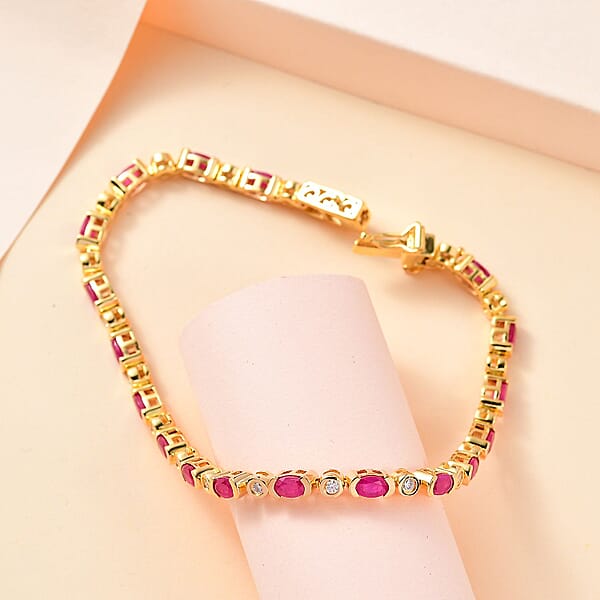 Montepuez Ruby And Moissanite Art Deco Bracelet In 18K Vermeil Yellow Gold Over Sterling Silver (6.50 In) 5.00 Ctw