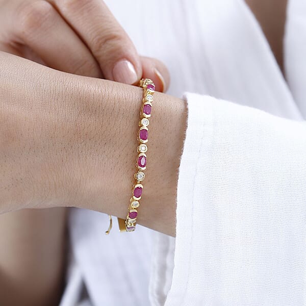 Montepuez Ruby And Moissanite Art Deco Bracelet In 18K Vermeil Yellow Gold Over Sterling Silver (6.50 In) 5.00 Ctw