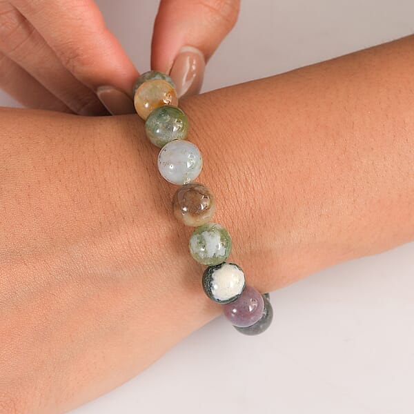 Moss Agate 140.00 Ctw Beaded Stretch Bracelet