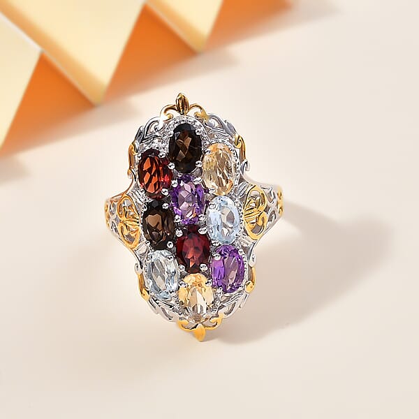 Mozambique Garnet And Multi Gemstones 4.80 Ctw Ring In 18K YG Plated And Platinum Bond