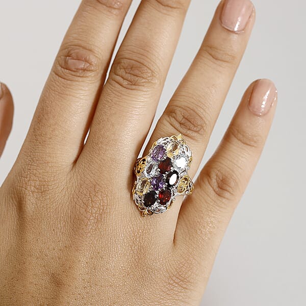 Mozambique Garnet And Multi Gemstones 4.80 Ctw Ring In 18K YG Plated And Platinum Bond