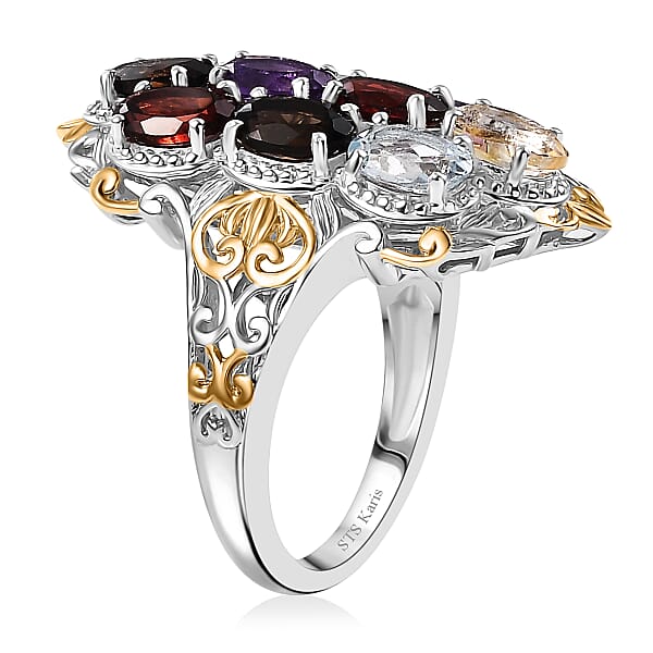 Mozambique Garnet And Multi Gemstones 4.80 Ctw Ring In 18K YG Plated And Platinum Bond