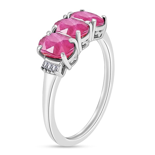 Mozambique Ruby And Diamond 3.07 Ctw 3 Stone Ring In Platinum Over Sterling Silver (Size 4.0) (Del. In 10-12 Days)