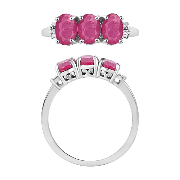 Mozambique Ruby And Diamond 3.07 Ctw 3 Stone Ring In Platinum Over Sterling Silver (Size 4.0) (Del. In 10-12 Days)