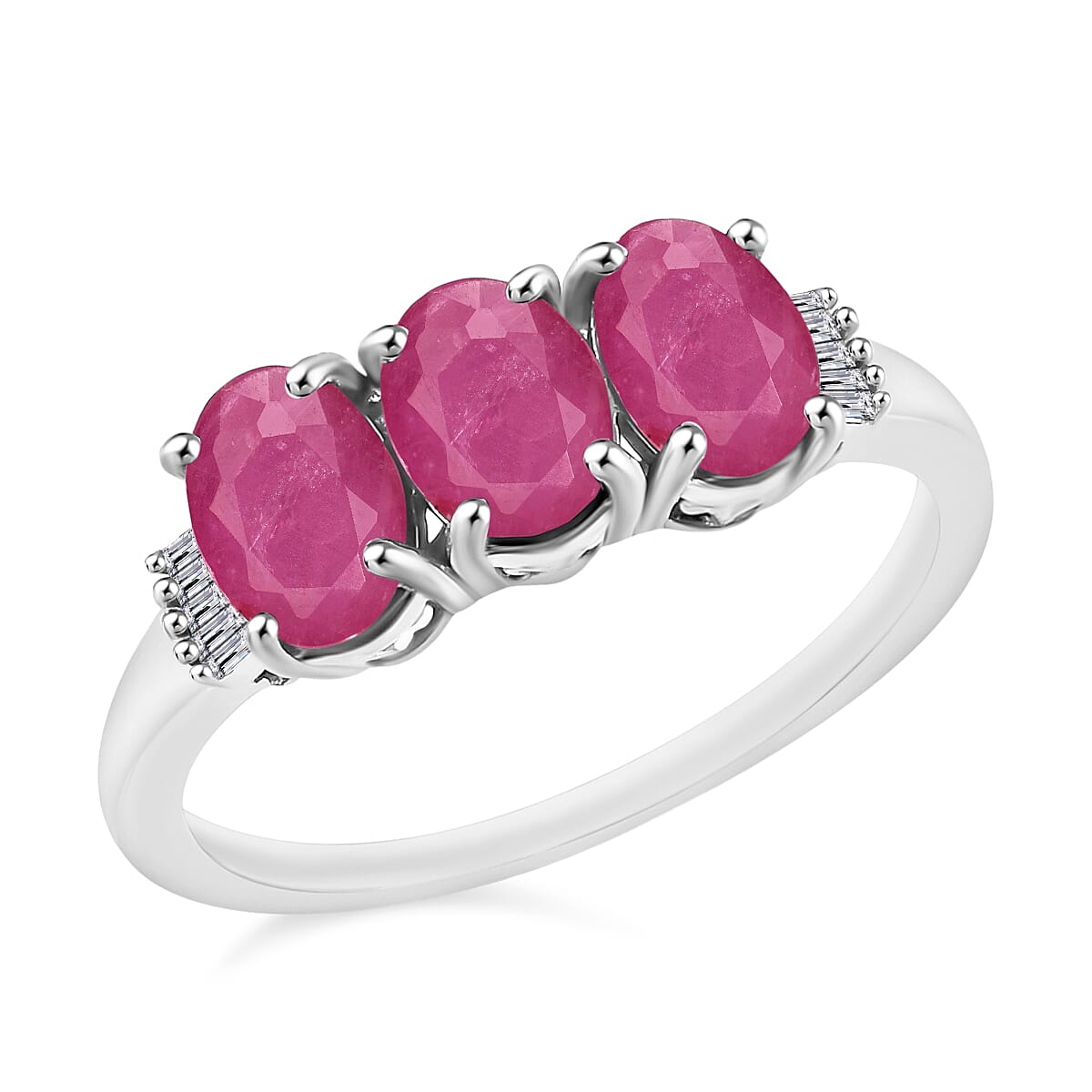 Mozambique Ruby and Diamond 3.07 ctw 3 Stone Ring in Platinum Over Sterling Silver (Size 4.0) (Del. in 10-12 Days)
