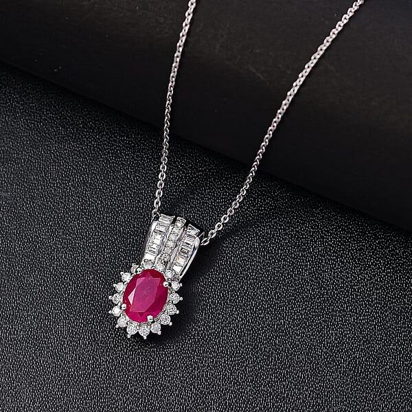 Mozambique Ruby And Moissanite 2.30 Ctw Sunburst Pendant Necklace In Rhodium Over Sterling Silver 20 Inches