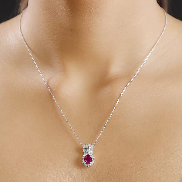 Mozambique Ruby And Moissanite 2.30 Ctw Sunburst Pendant Necklace In Rhodium Over Sterling Silver 20 Inches