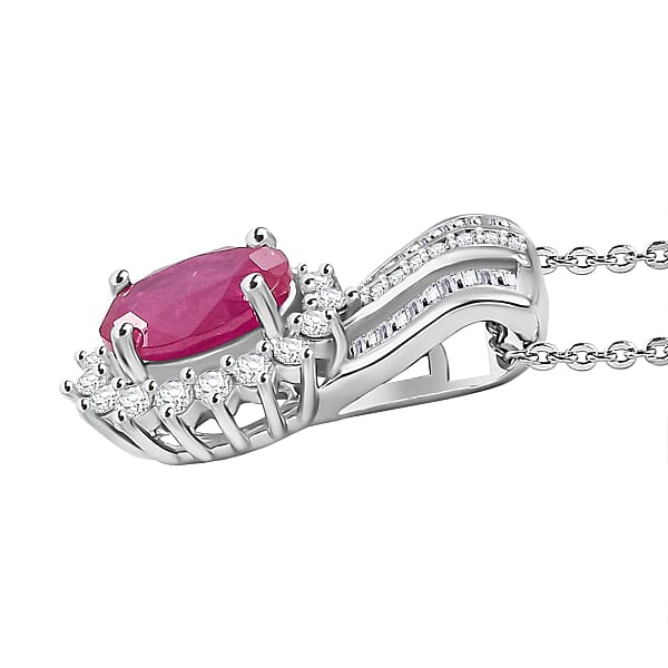 Mozambique Ruby And Moissanite 2.30 Ctw Sunburst Pendant Necklace In Rhodium Over Sterling Silver 20 Inches