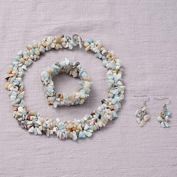Multi Amazonite Chips Stretch Bracelet Dangle Earrings Toggle Clasp Necklace In Black Oxidized Stainless Steel 927.85 Ctw