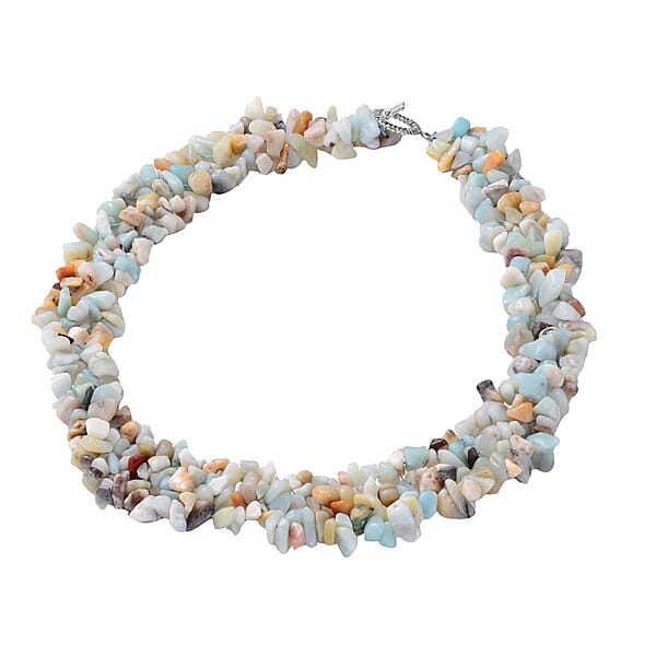 Multi Amazonite Chips Stretch Bracelet Dangle Earrings Toggle Clasp Necklace In Black Oxidized Stainless Steel 927.85 Ctw