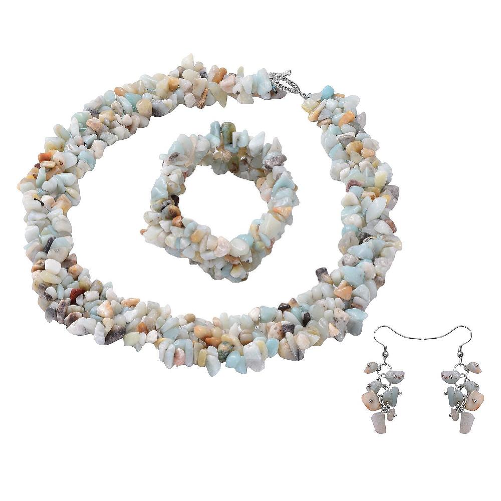 Multi Amazonite Chips Stretch Bracelet Dangle Earrings Toggle Clasp Necklace in Black Oxidized Stainless Steel 927.85 ctw