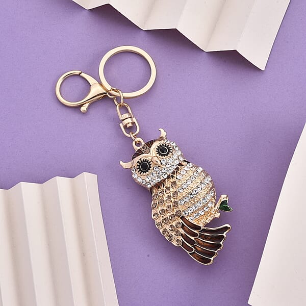 Multi Color Austrian Crystal Enameled Owl Keychain In Goldtone