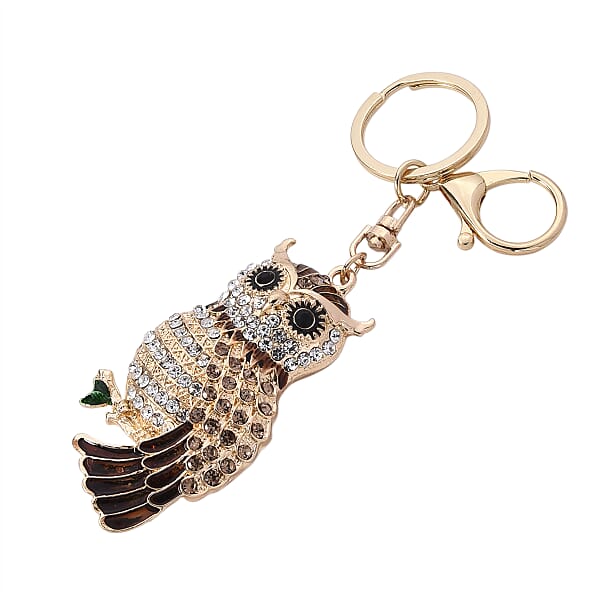 Multi Color Austrian Crystal Enameled Owl Keychain In Goldtone