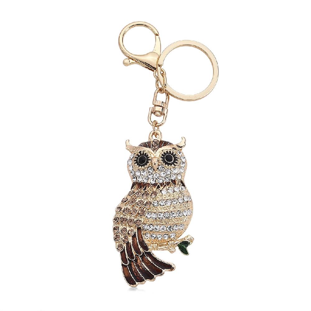 Multi Color Austrian Crystal Enameled Owl Keychain in Goldtone