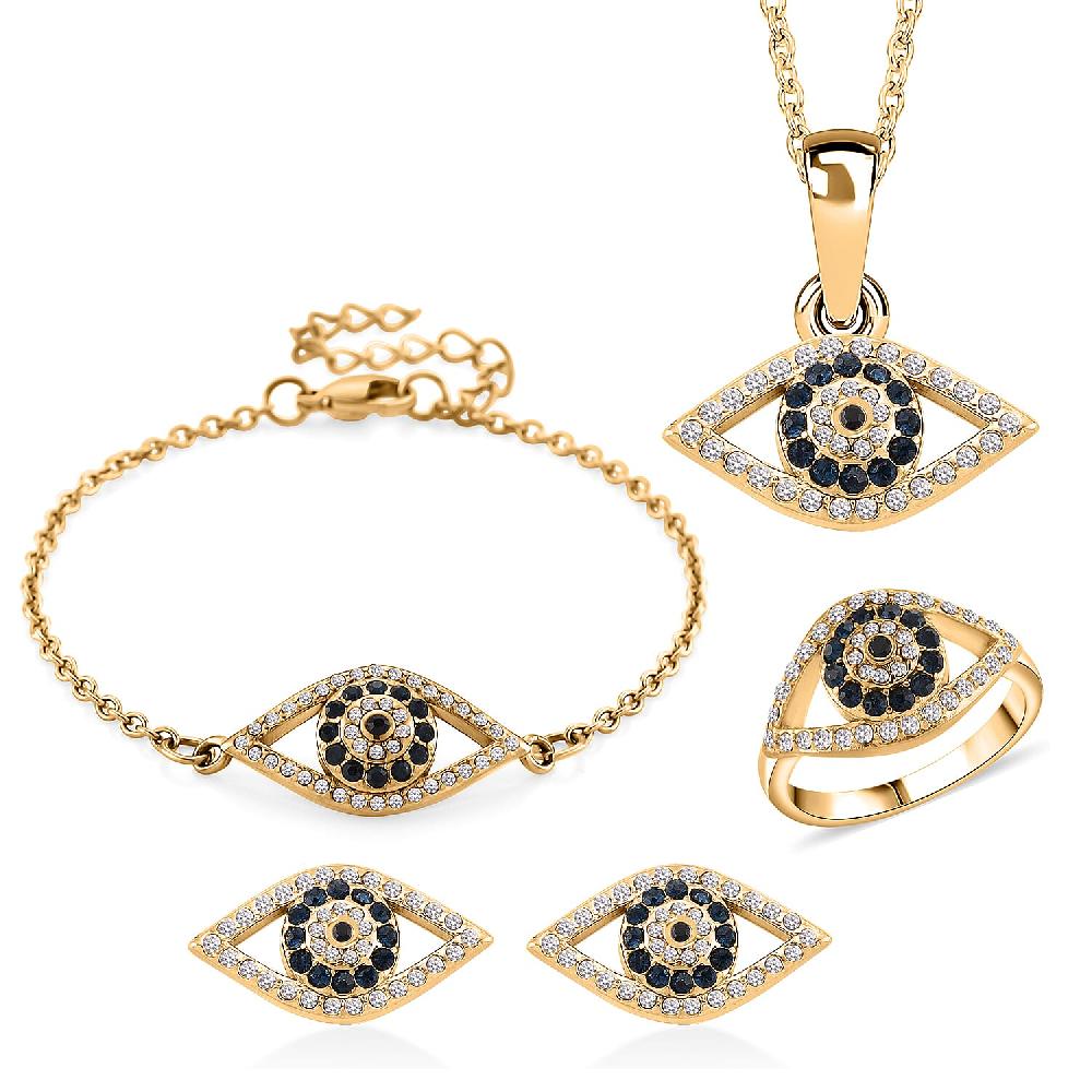 Multi Color Austrian Crystal Evil Eye Earrings Ring Bracelet (7.5-9.5In) and Pendant Necklace (20-22Inches) in ION Plated YG Stainless Steel