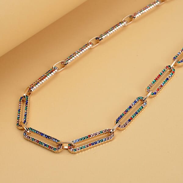 Multi Color Austrian Crystal Paper Clip Chain Necklace In Goldtone (18-22 Inches)