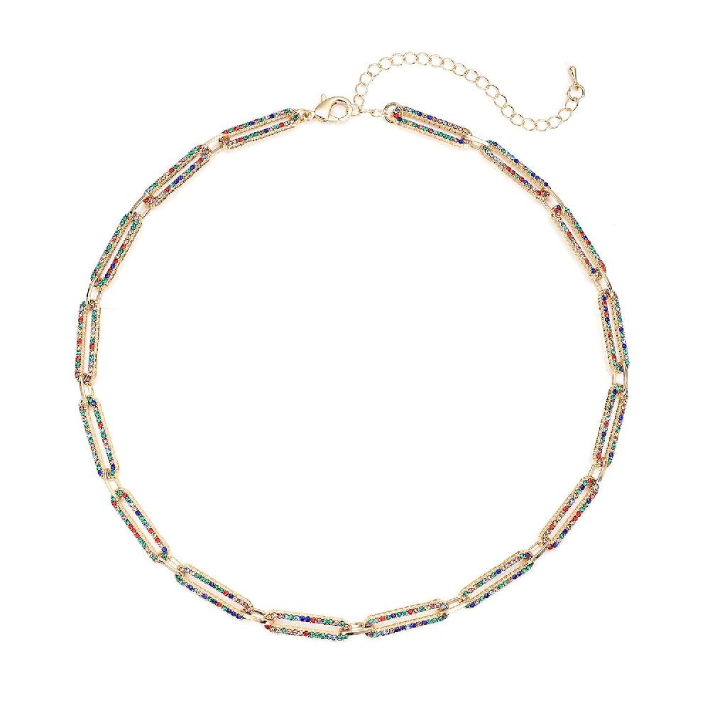 Multi Color Austrian Crystal Paper Clip Chain Necklace in Goldtone (18-22 Inches)