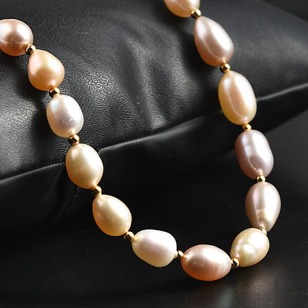 Multi Color Fresh Water Pearl Necklace In 18K Vermeil Yelllow Gold Over Sterling Silver 18 Inches