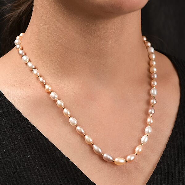Multi Color Fresh Water Pearl Necklace In 18K Vermeil Yelllow Gold Over Sterling Silver 18 Inches